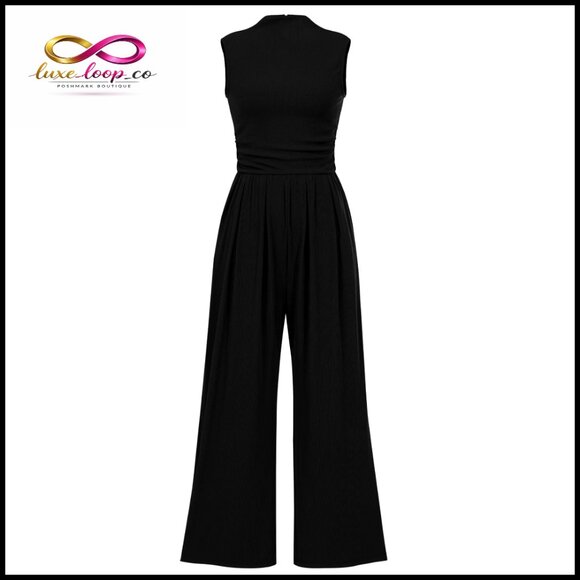 Pants - Sleeveless Mock Neck Wide Leg Jumpsuit with Pockets, Size XL